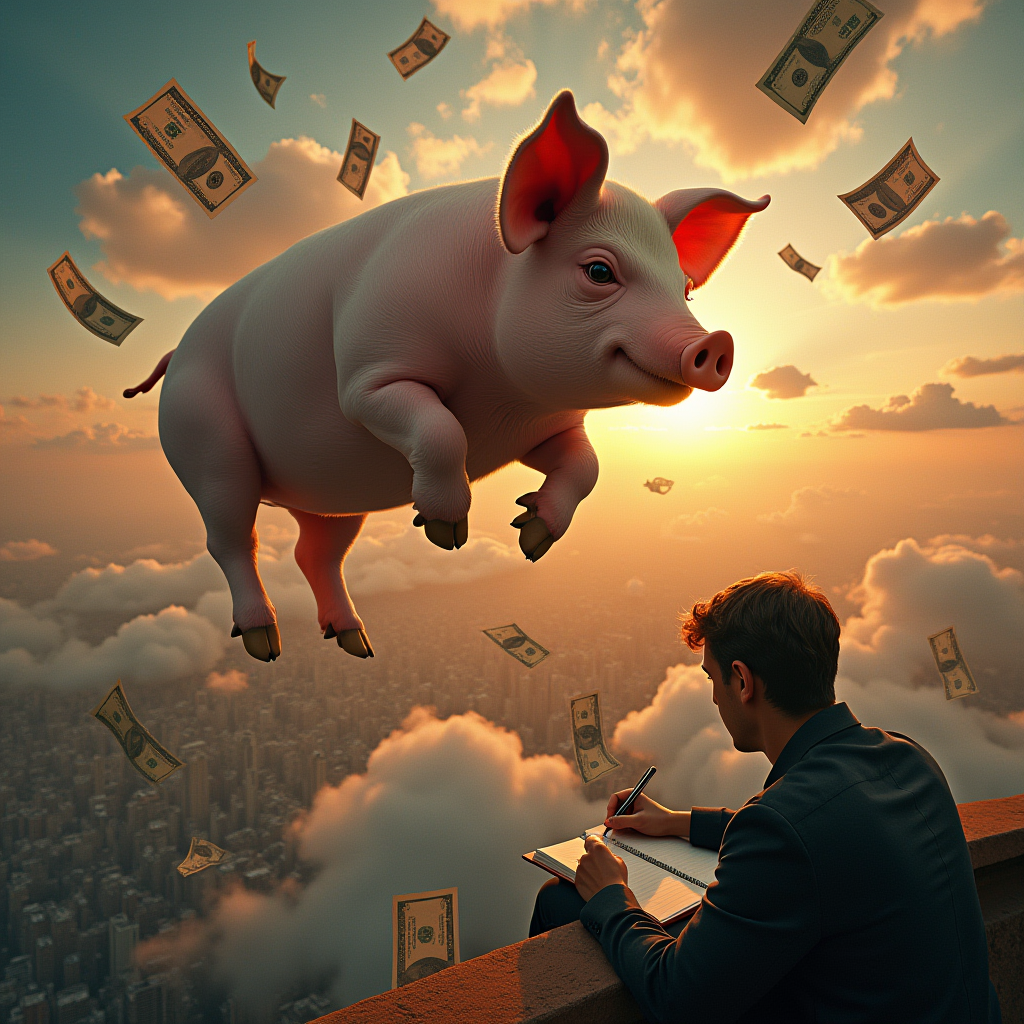 Surreal photo of a giant flying pig soaring over a cityscape, lottery tickets raining down, a person writing in a journal on a cloud