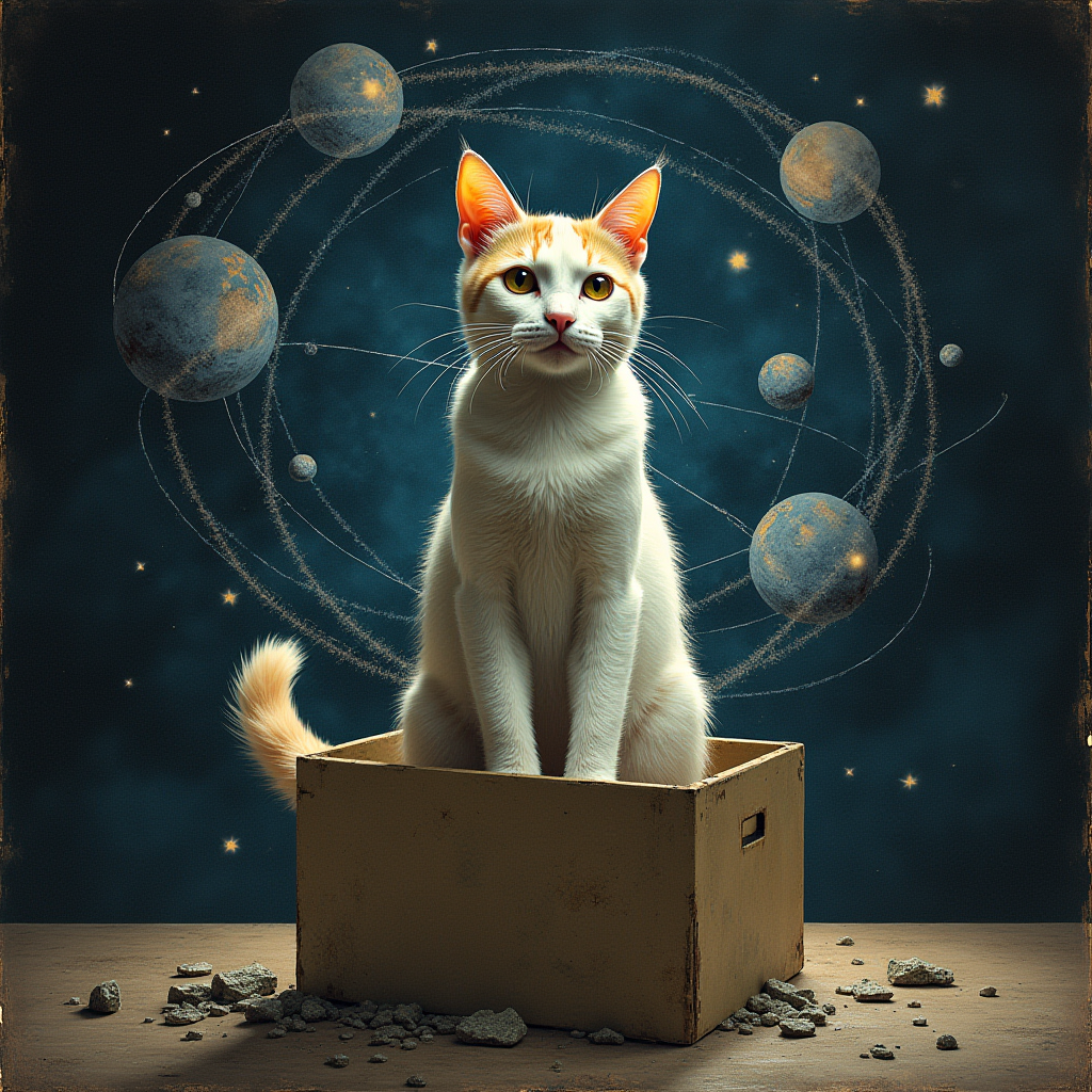 Surreal representation of quantum superposition, showing a cat simultaneously alive and dead in Schrödinger's box, with probability waves surrounding it