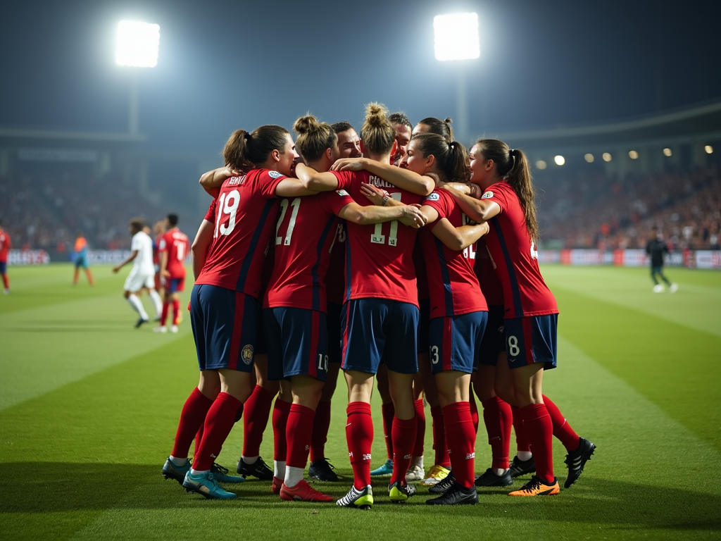 Team spirit photo of a soccer team celebration, jubilant expressions, group hug, jumping poses