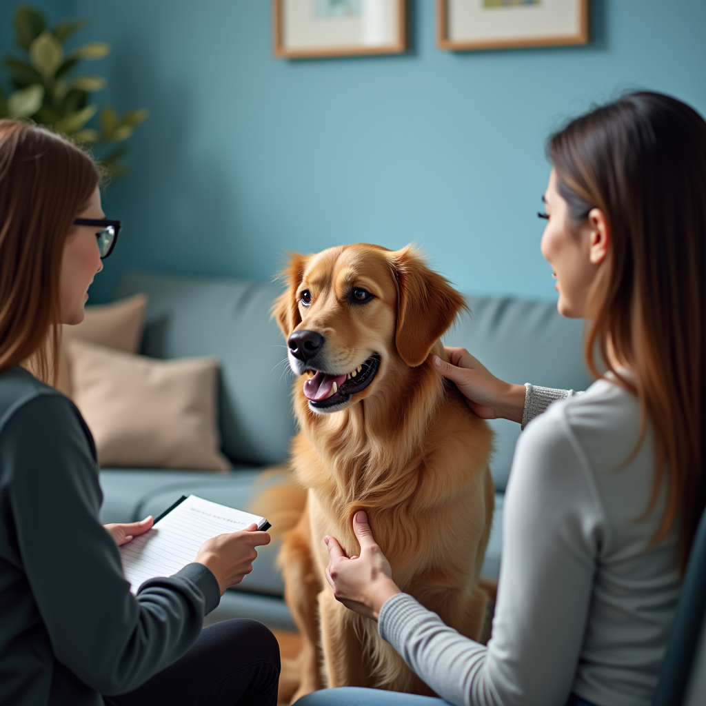 Therapy session with golden retriever, calming blue room, soft cushions, patient petting dog, therapist taking notes, warm lighting