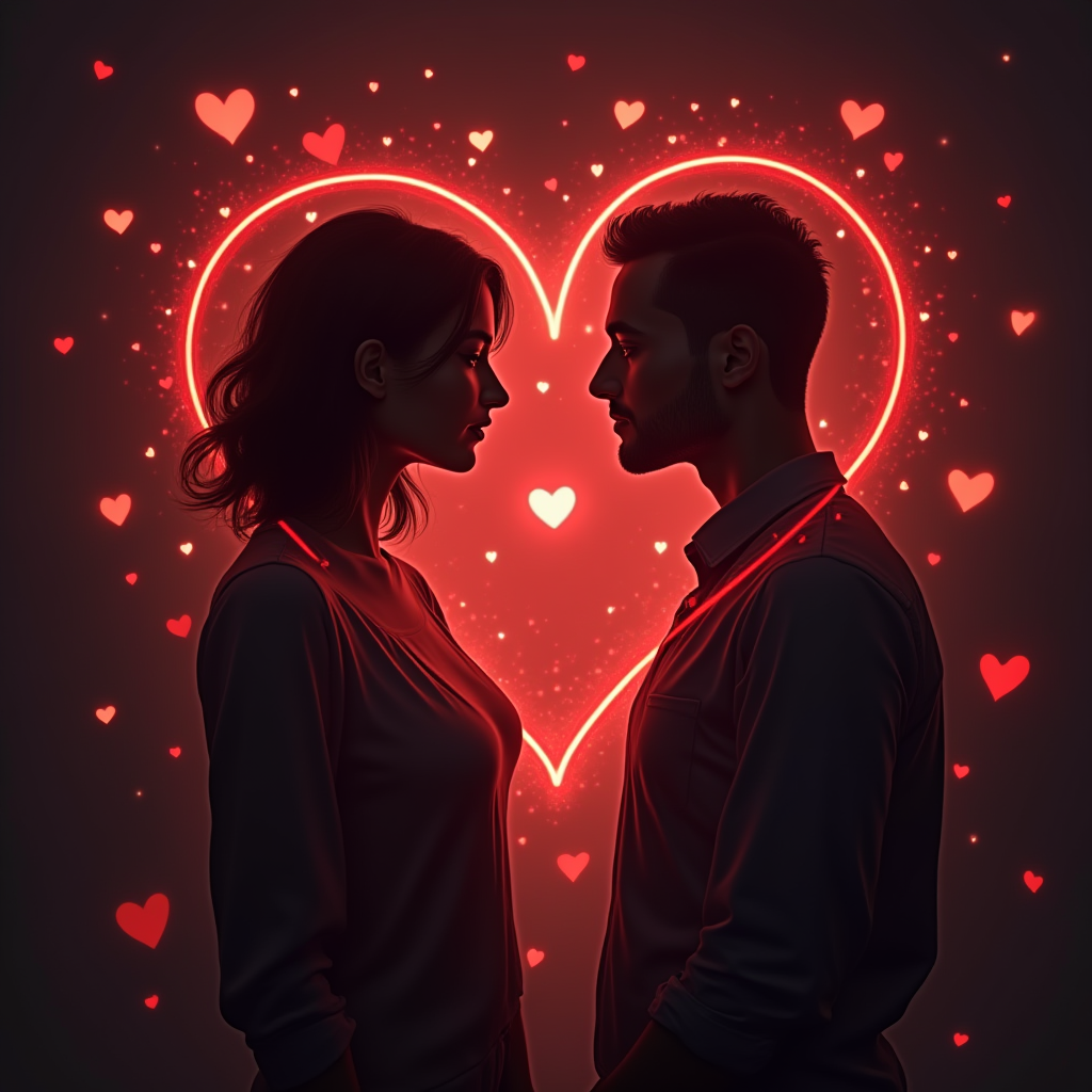 Two silhouettes connected by a glowing red thread, surrounded by hearts and symbols of love and compatibility