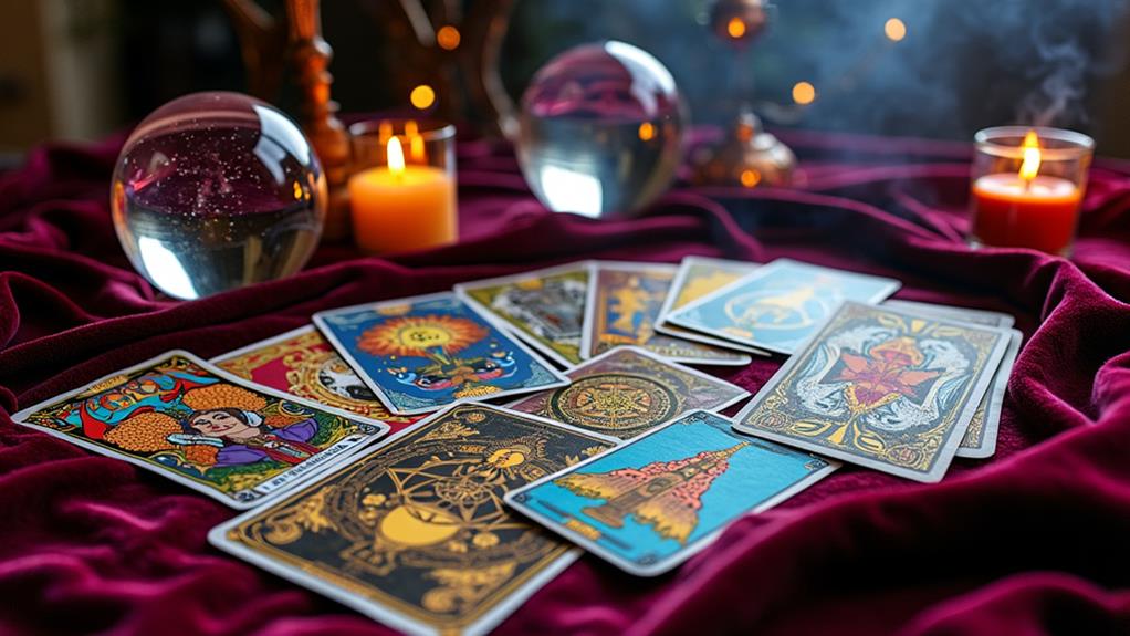 A shimmering crystal ball in the center of a circular tarot card layout, with a backdrop of warm candlelight.