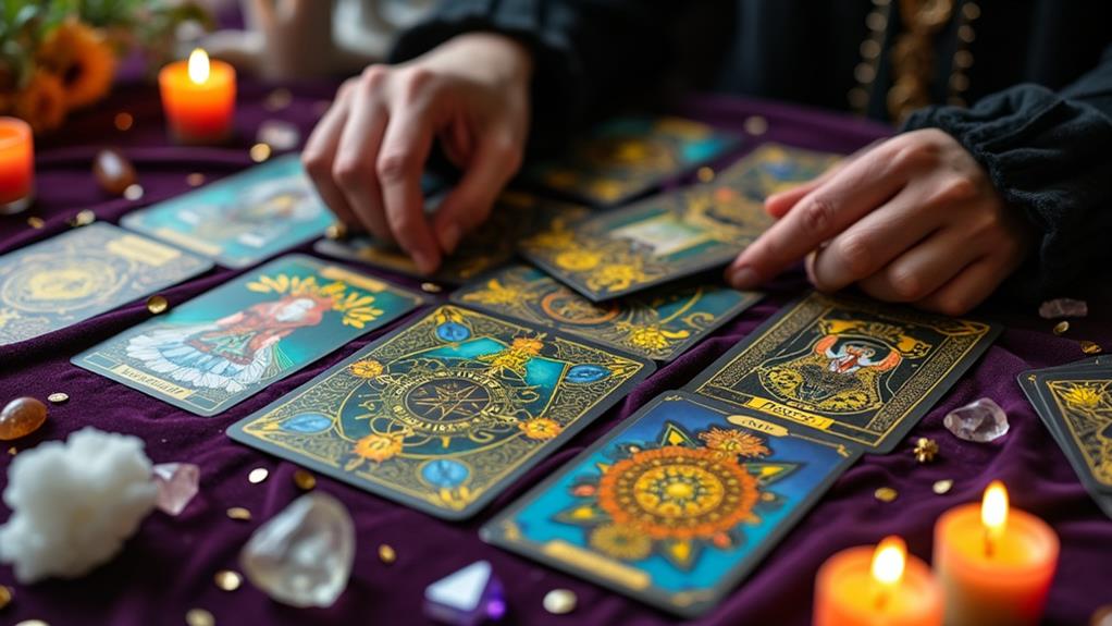 Hands arranging tarot cards on a purple cloth amidst lit candles and small gemstones.