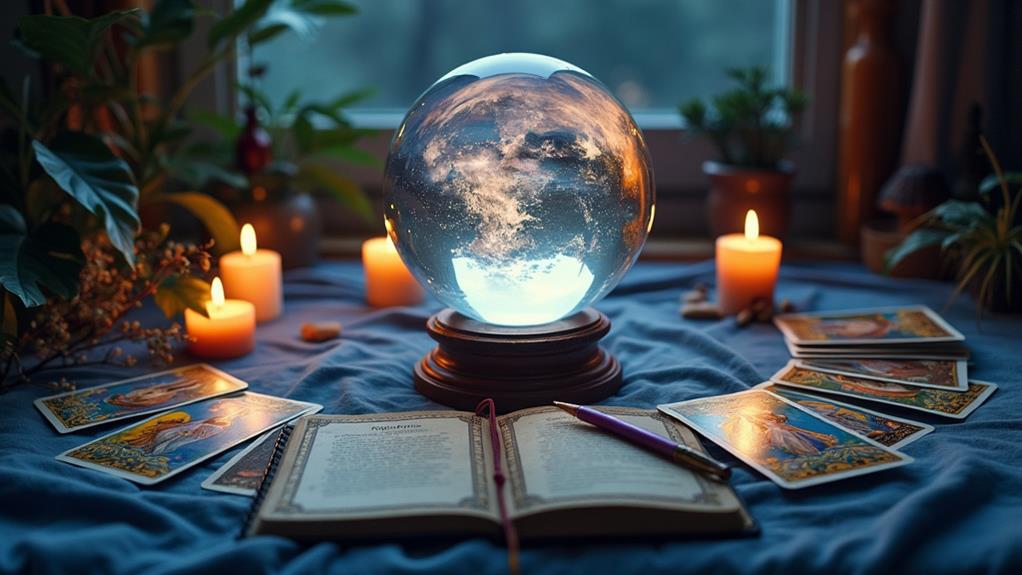 A glowing crystal ball on a stand surrounded by candles and tarot cards, with an open book and pen nearby.