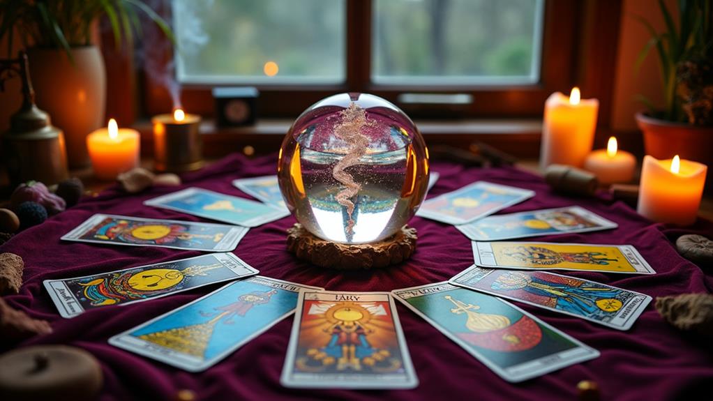 A cozy room with a circular arrangement of tarot cards around a crystal ball and candle, with plants and candles in the background.