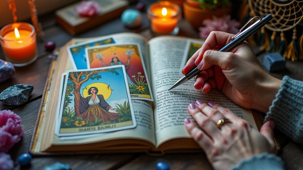 A close-up of hands writing in a book with tarot cards, candles, and crystals arranged on a wooden table.