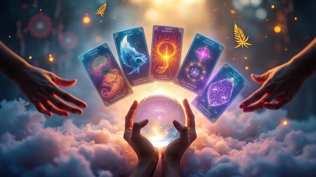 A mystical scene with hands reaching for a glowing crystal ball surrounded by colorful tarot cards floating above.