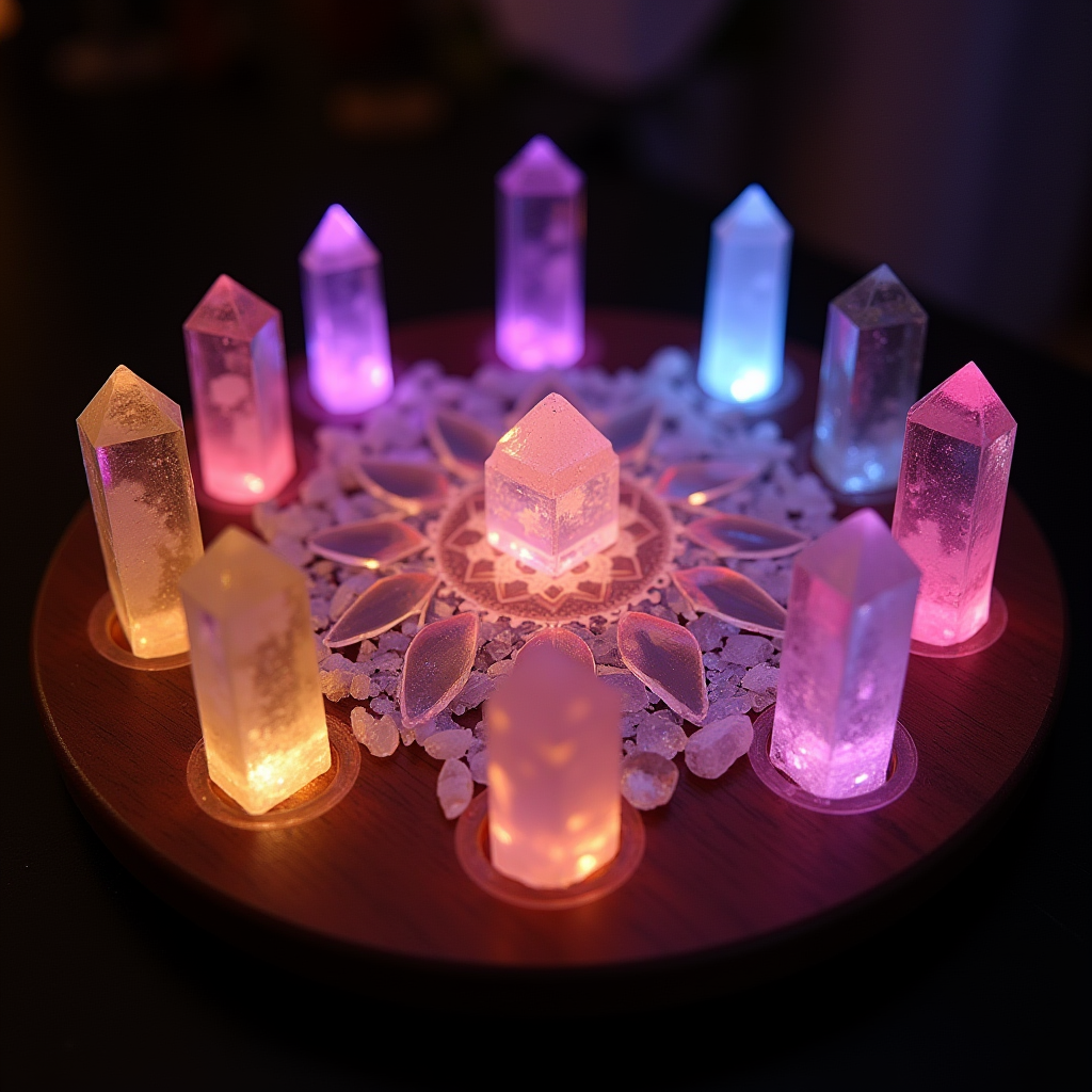 Vibrant photo of a crystal grid, sacred geometry pattern