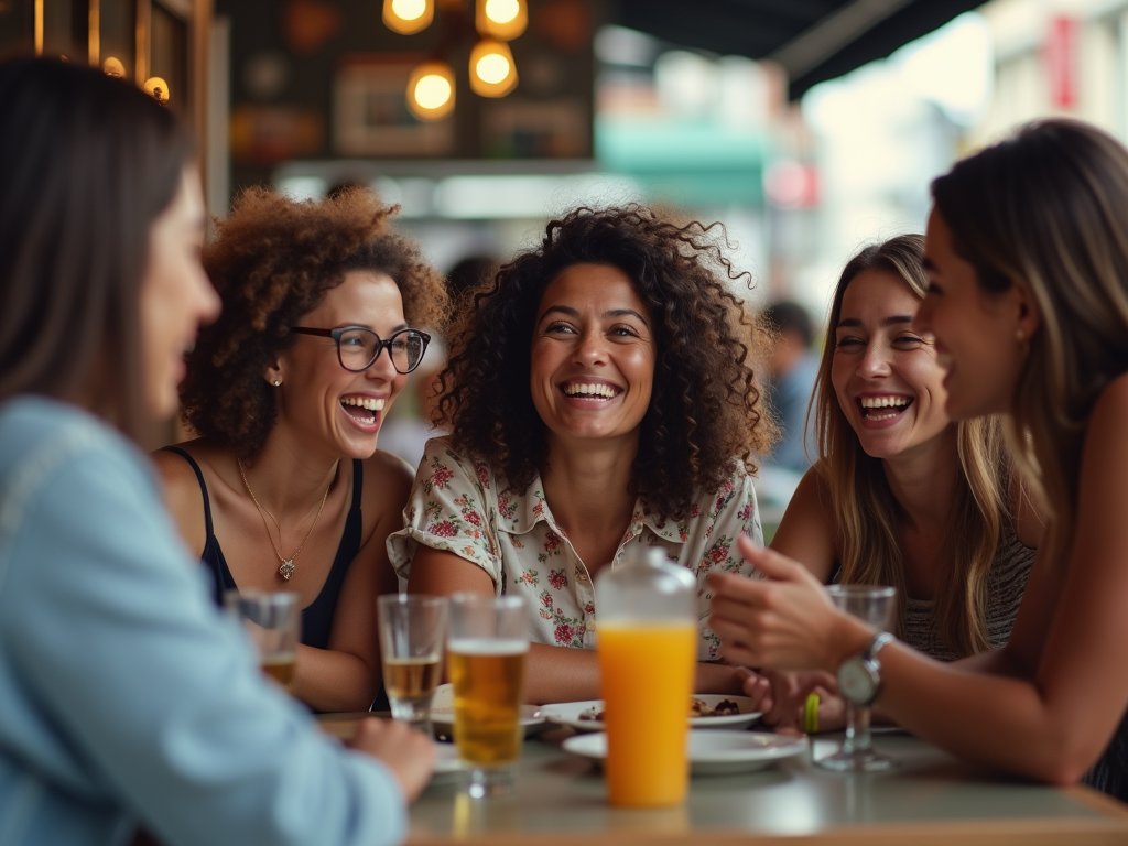 Vibrant photo of a group of friends laughing, genuine joy, diverse group, at a cafe, urban setting