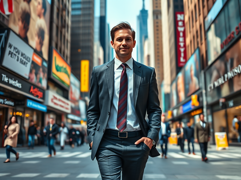 Vibrant photo of a person professional, dressed smartly suit, in a busy city center