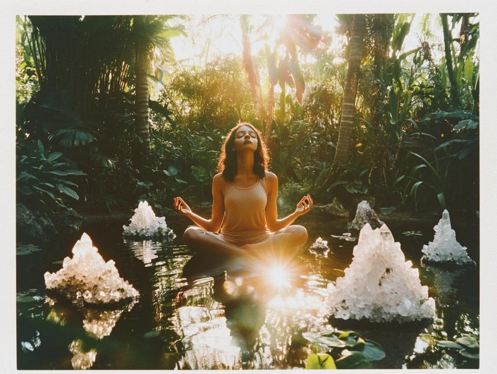 Whimsical photo of a person surrounded by floating crystals and herbs, meditating pose