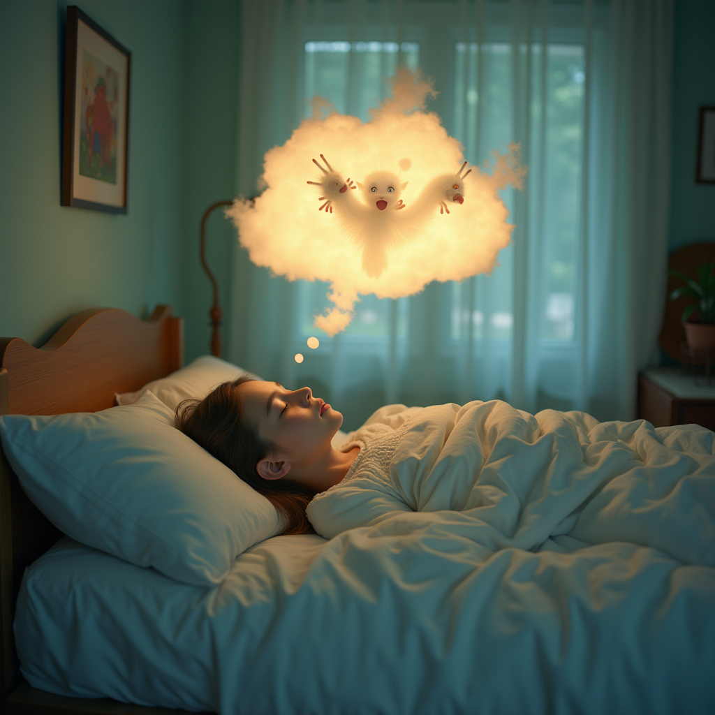 Whimsical photo of a sleeping person with a glowing thought bubble above their head, fantastical creatures emerging from the bubble