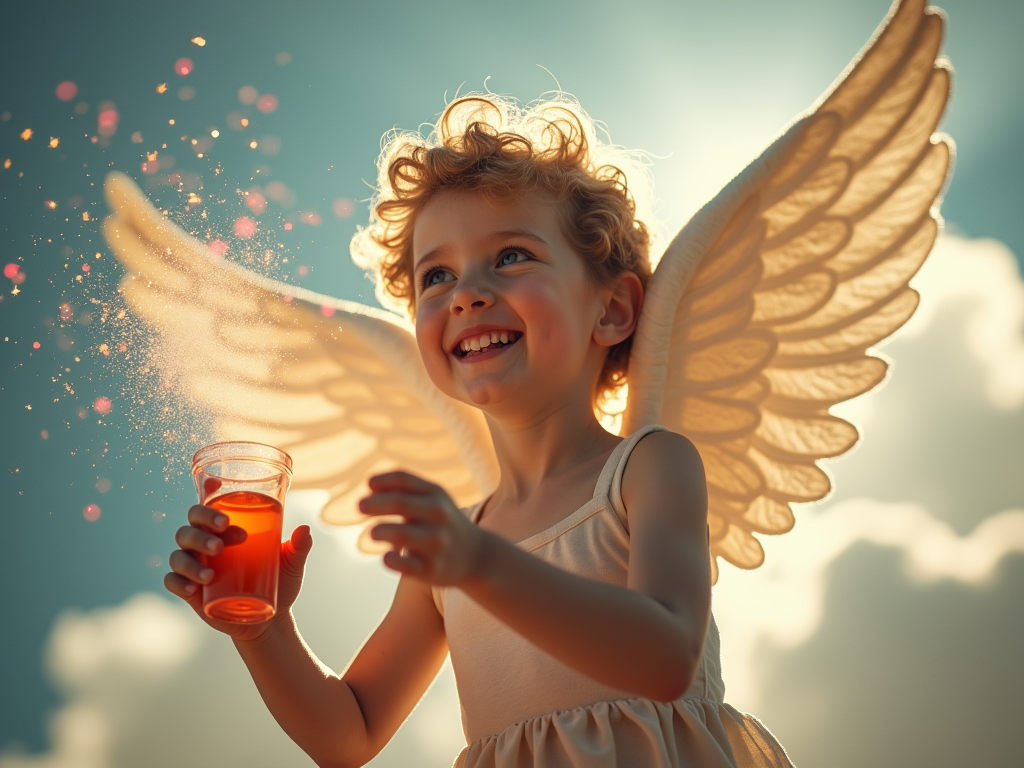 Whimsical photo of cupid sprinkling love potion, magical sparkles, mischievous smile, fluffy clouds