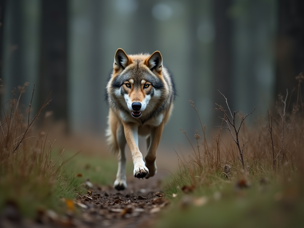 a wolf running through the forest