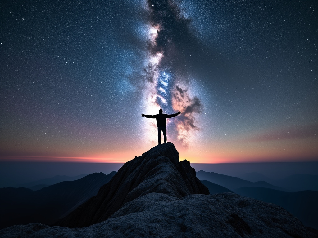 a photo of a man standing on a mountain among the stars