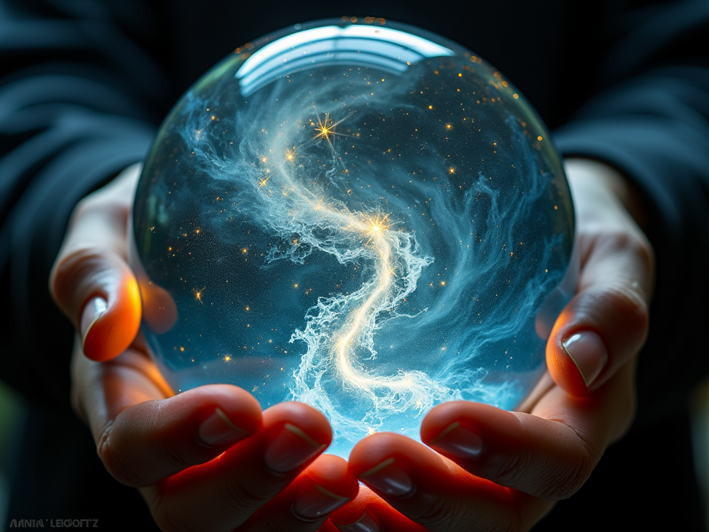 hands holding a globe containing the universe