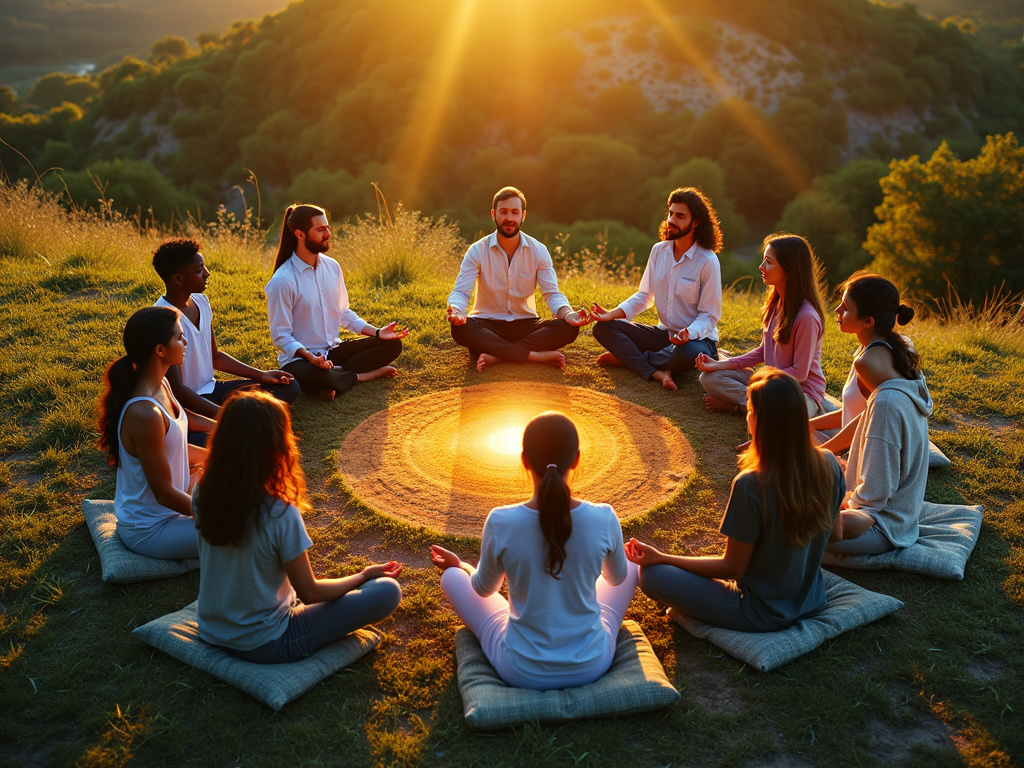 meditation circle with a group of individuals connected by energy