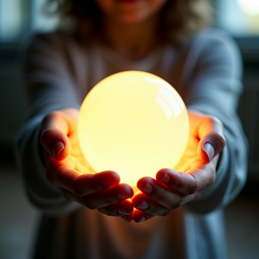 A figure holding a glowing orb in their hands, representing their goals or dreams