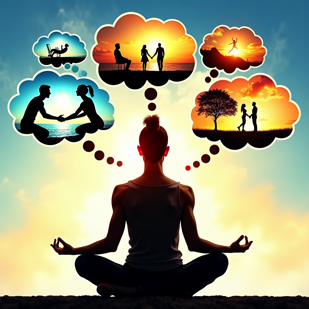 A person meditating, with thought bubbles showing vivid scenes of success and fulfillment around them