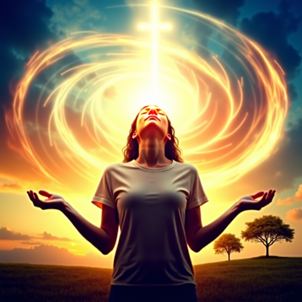 A person standing with eyes closed, palms open to the sky, surrounded by swirling symbols of energy 2