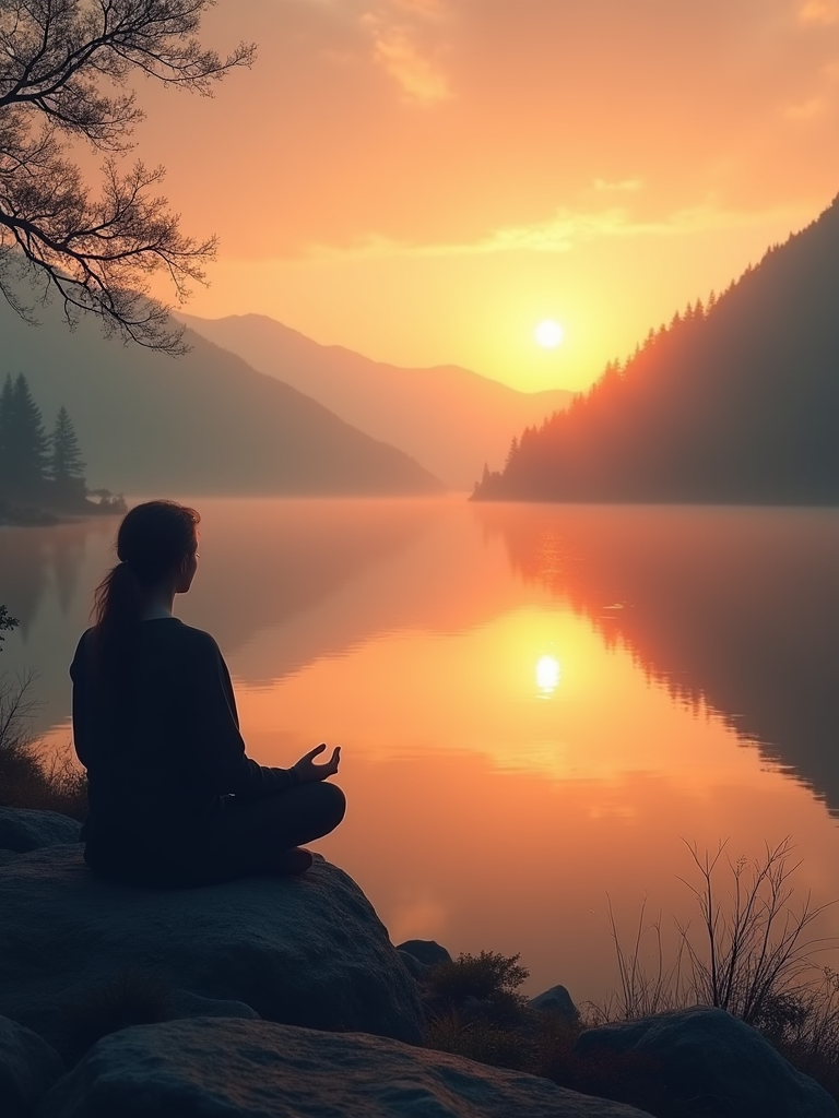 A person meditating outdoors by a serene lake during a peaceful sunrise.