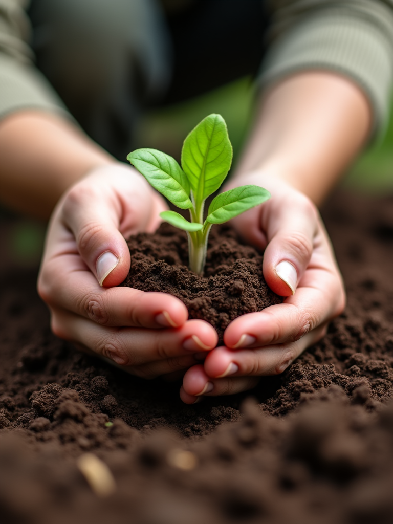 Two hands gently holding a young green plant sprouting from dark, rich soil, symbolizing growth and nurturing.