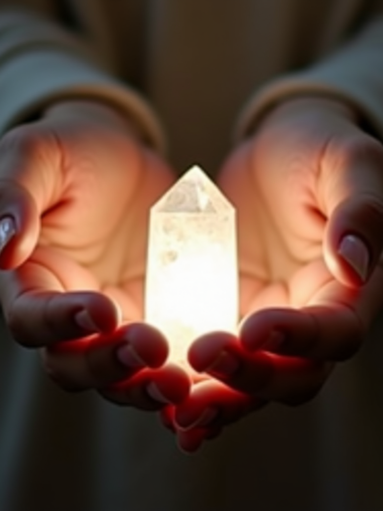 A pair of hands gently holding a glowing crystal point, symbolizing spiritual energy and healing.