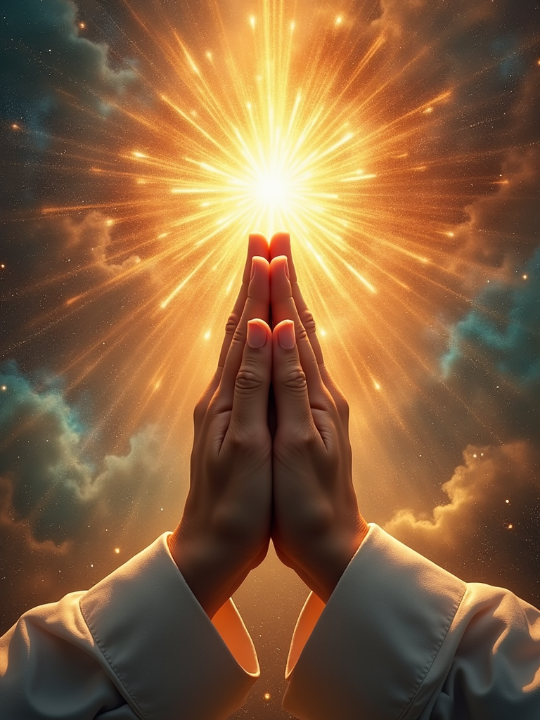 Close-up of hands in a prayer position, glowing with radiant light and energy.