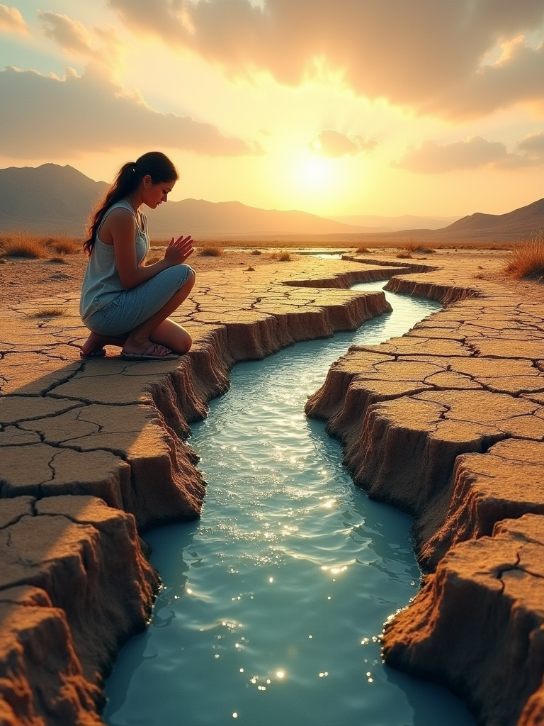 A woman kneeling near a crack in dry, parched earth with a stream of water flowing through it, reflecting the vibrant colors of a dramatic sunset.