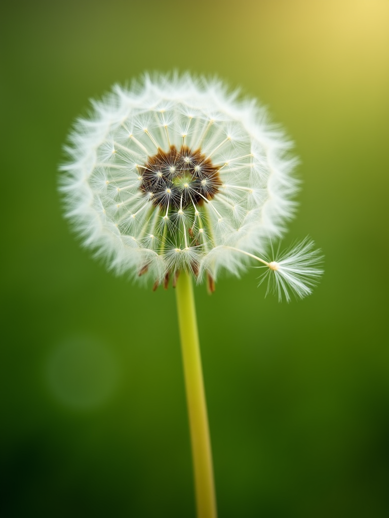 A delicate dandelion with one seed floating away, captured in close-up detail against a blurred green background.