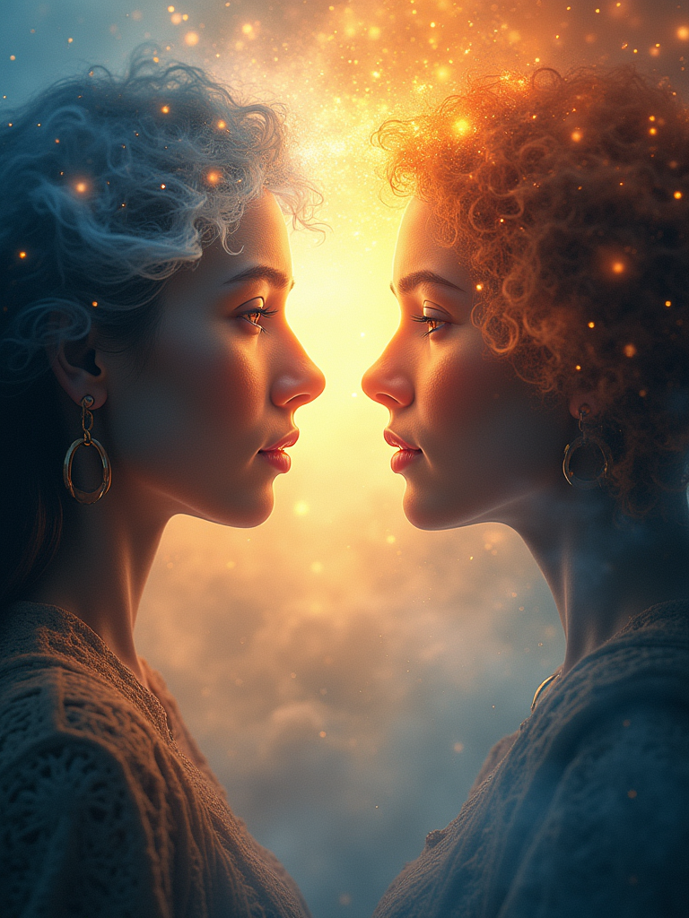 Two women glowing in warm and radiant light, gazing at each other intimately.