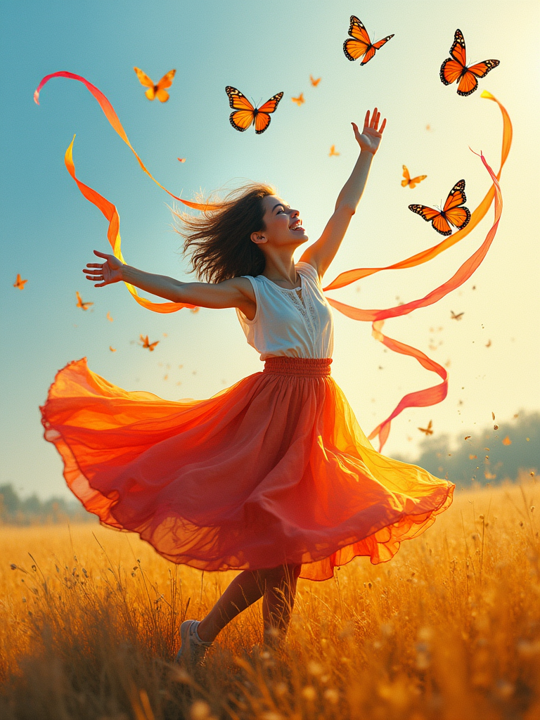 A joyful woman dances in a field, surrounded by butterflies and ribbons, her colorful skirt flowing in a sunlit landscape.