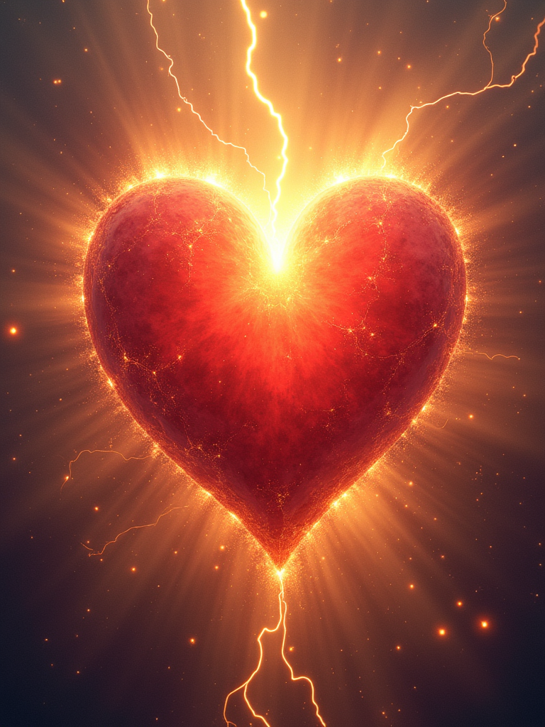 A radiant, glowing heart emitting bright golden energy and electricity.