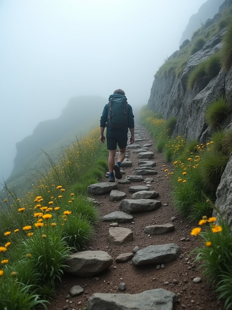 A hiker walking along a rocky path adorned with small yellow flowers, the trail winding up a misty mountainside.