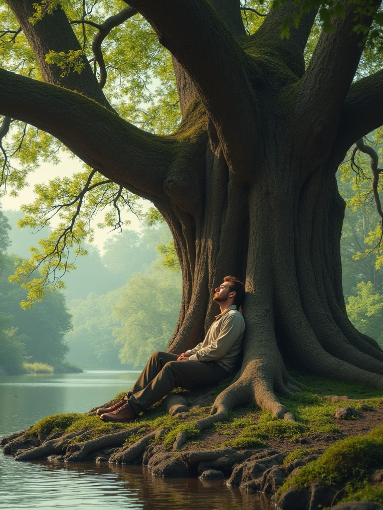 A man resting against the immense trunk of an ancient tree beside a serene body of water in a forest bathed with soft sunlight.