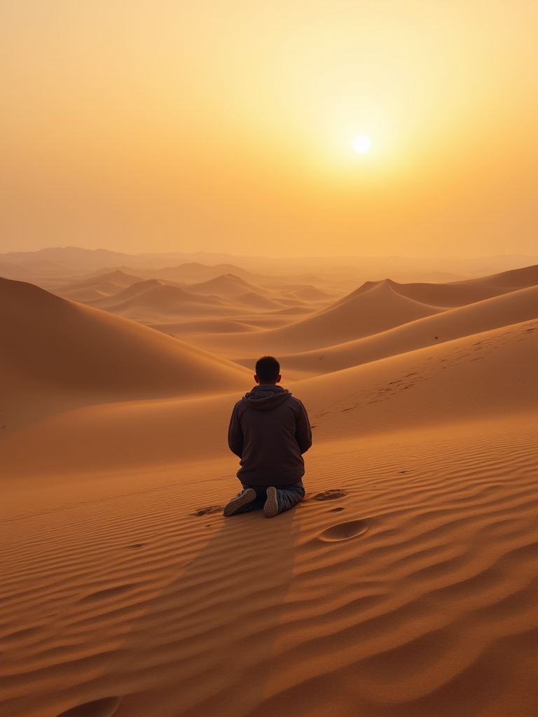 A person kneeling on sand dunes in the desert at sunset, with a warm golden glow and vast stretches of sand in the background.