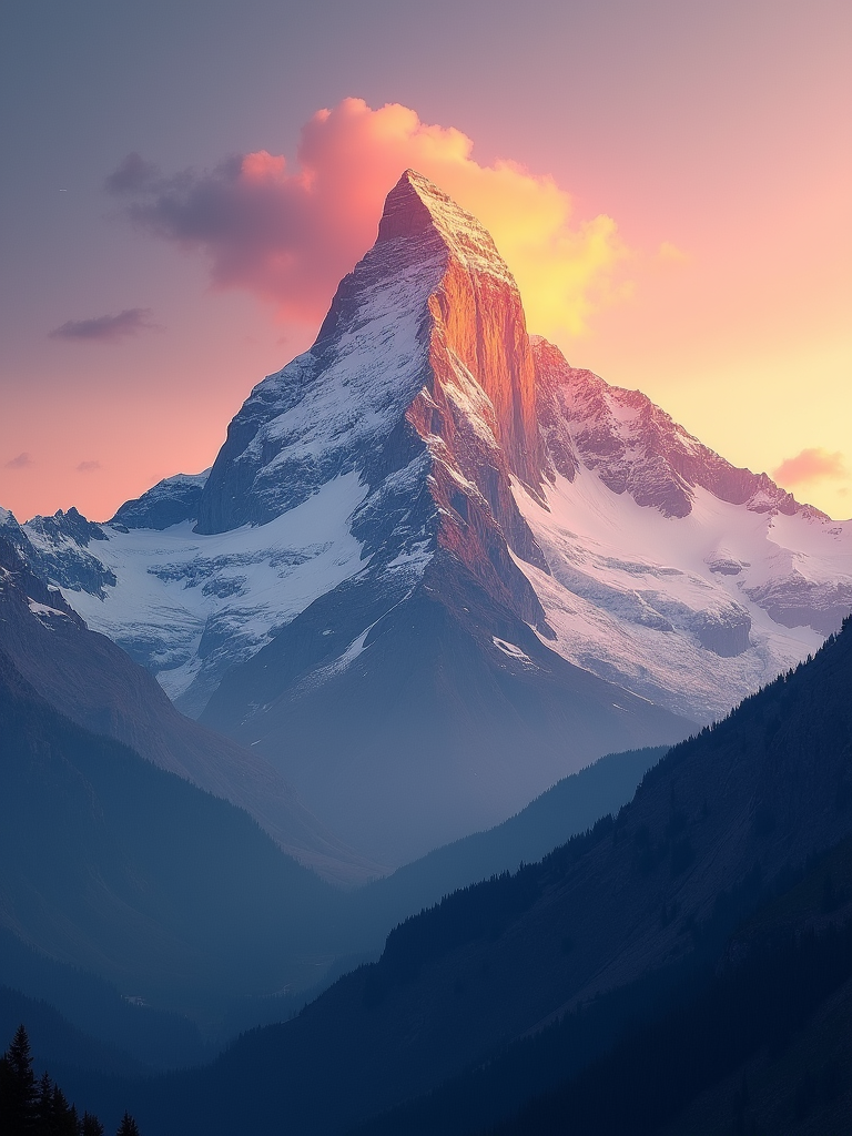 A majestic snow-covered mountain peak bathed in warm sunlight against a pink and orange sky at sunset.