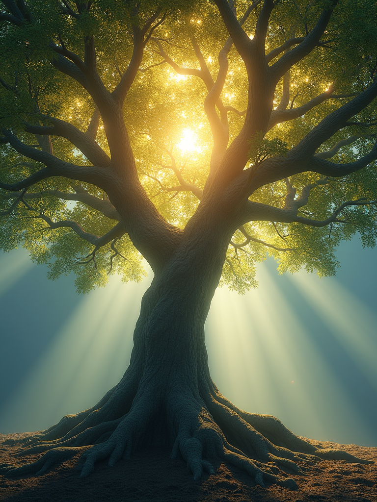 A large, majestic tree glows warmly as sunlight filters through its leaves, forming radiant beams of light in a tranquil scene.