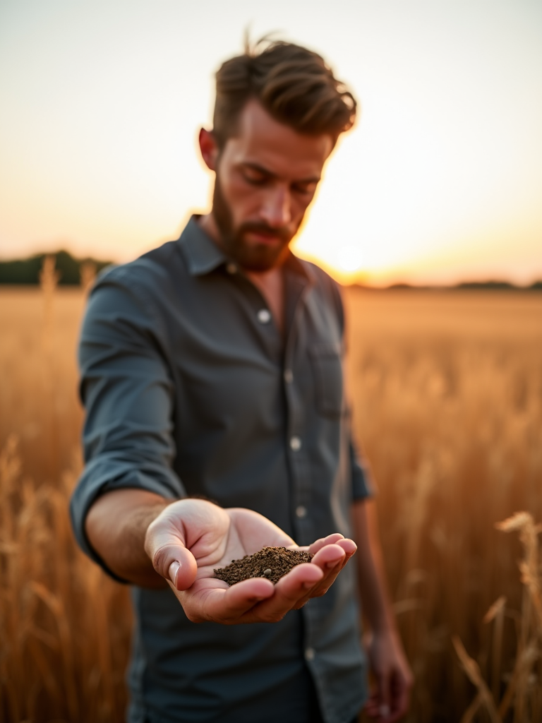 A man holding a handful of soil in his outstretched hand against the backdrop of a golden wheat field at sunset.