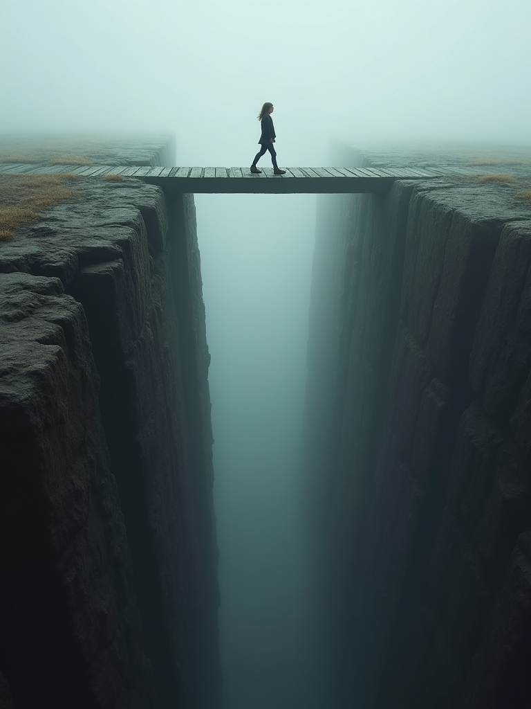 A person walking across a narrow wooden bridge suspended over a deep fog-covered chasm, evoking a sense of mystery and exploration.