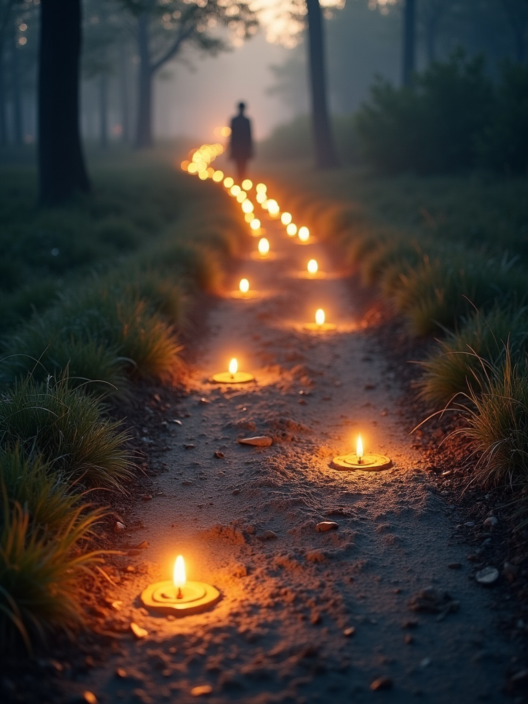 Illuminated pathway surrounded by glowing candles leading into a misty forest.