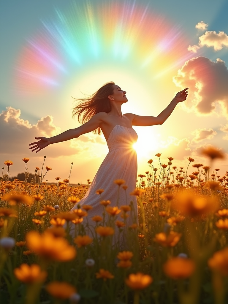 A woman in a flowing dress standing in a field of flowers at sunset, with her arms open as colorful light radiates in a halo around her head.