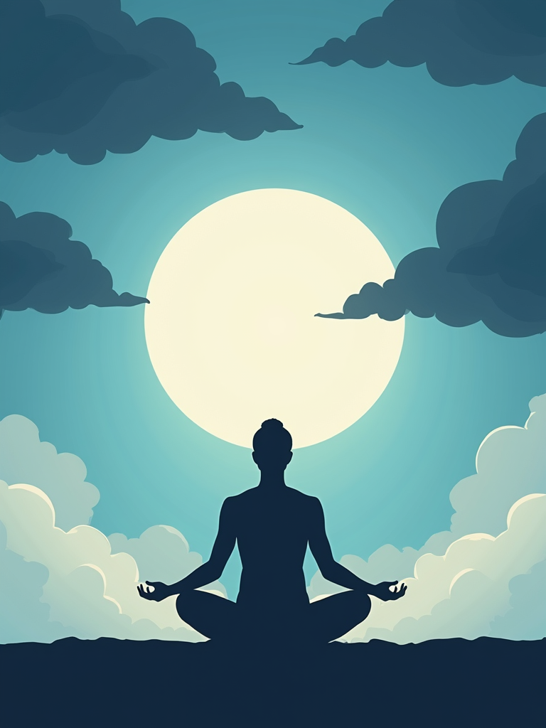 A silhouette meditates in the lotus position under a glowing full moon in a night sky filled with dramatic clouds.