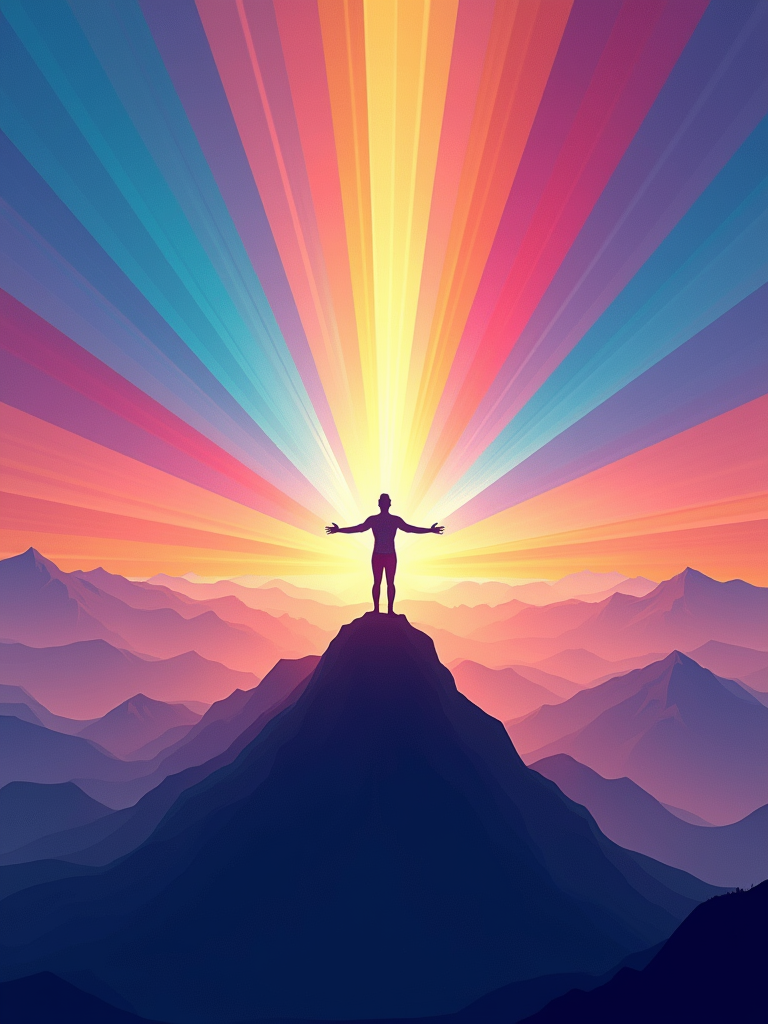 A silhouetted figure stands triumphantly atop a mountain at sunrise, surrounded by colorful rays extending across the sky.