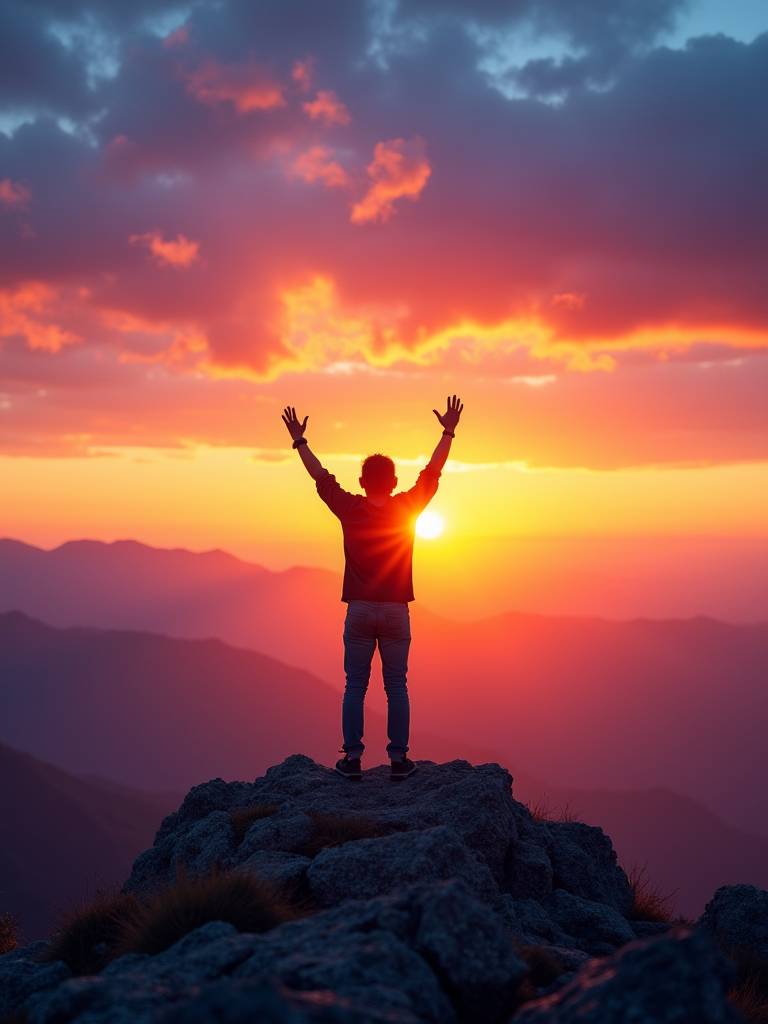 A person standing on a mountain peak raising their arms in triumph toward a breathtaking sunset, with vivid orange and purple hues across the sky.