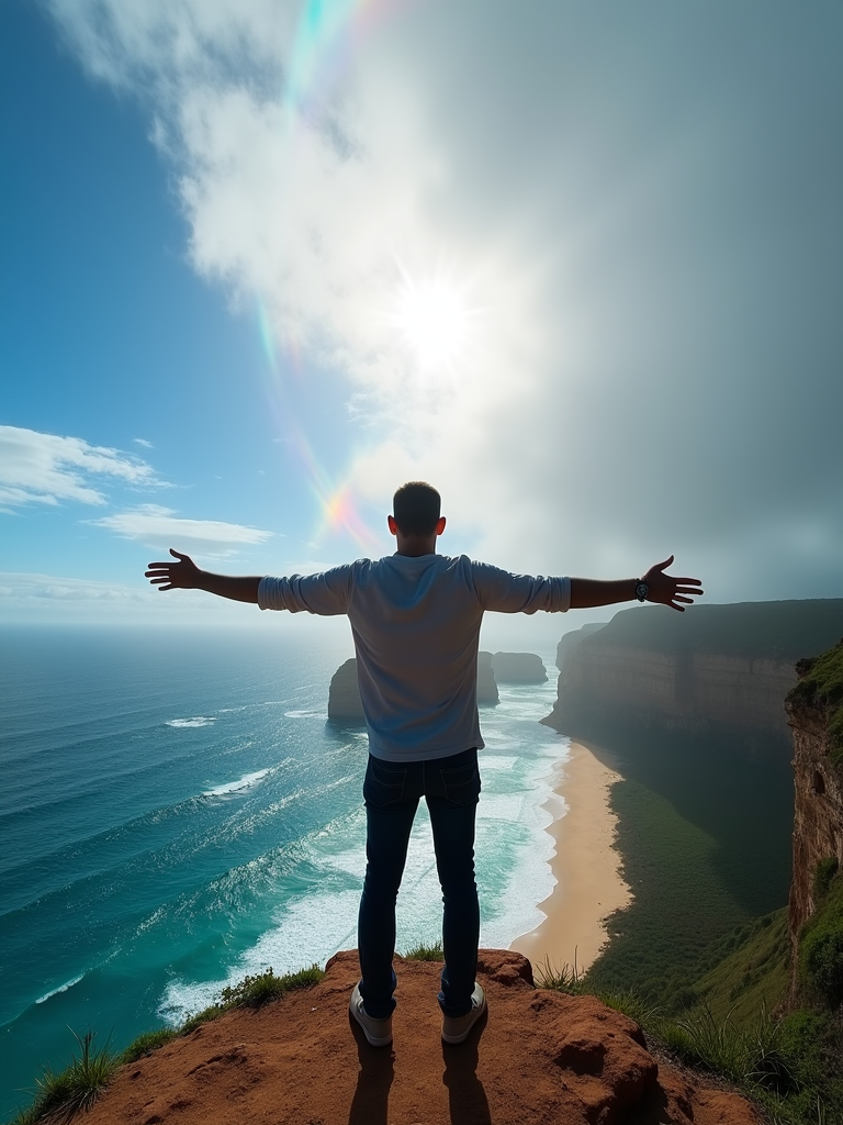 A person standing on a cliff overlooking the ocean, arms outstretched under a bright sun with a rainbow-colored light surrounding the scene.