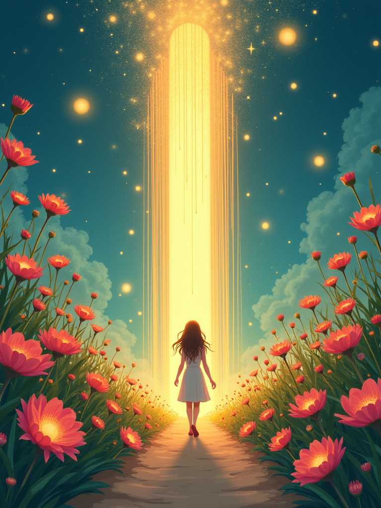 A young girl walks along a flower-lined path toward a brilliantly glowing golden portal in a dreamlike, ethereal environment.