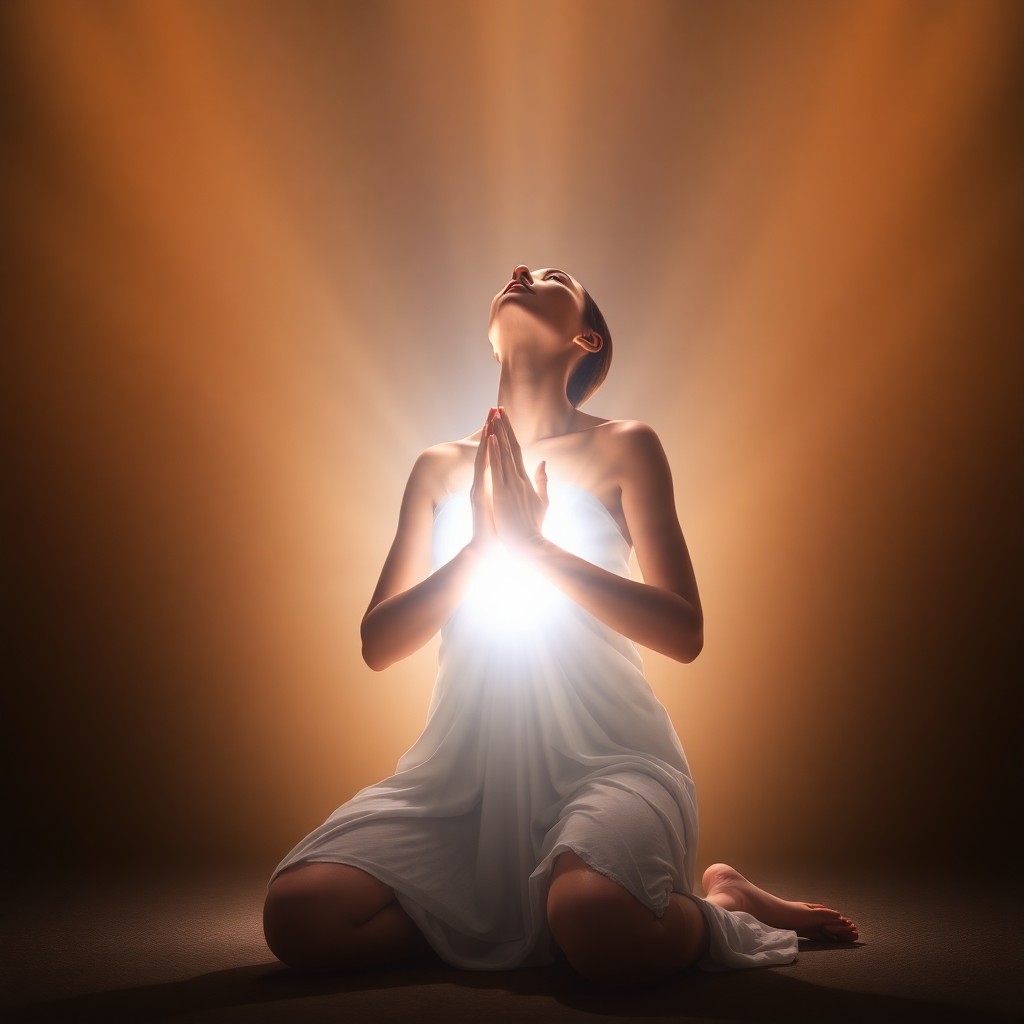 A woman kneels with her hands in prayer, a radiant light glowing from her chest, surrounded by a warm, golden aura.