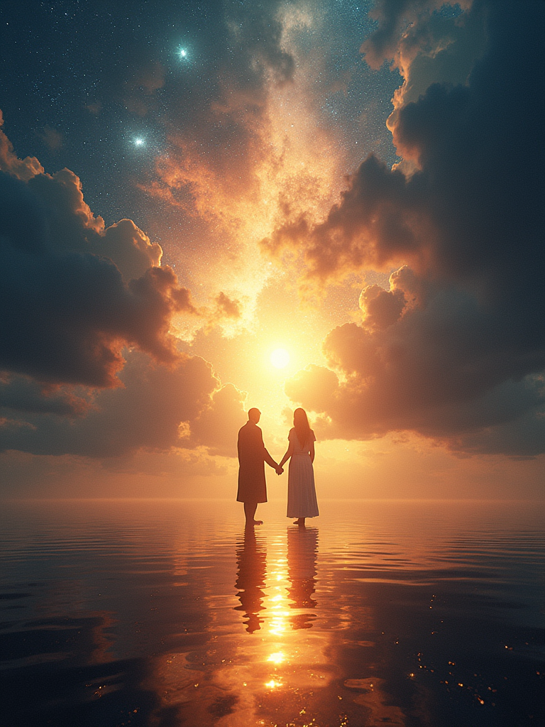 Two figures holding hands, bathed in golden light, reflecting on serene water.