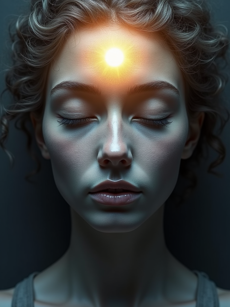 A close-up of a serene woman's face with her eyes closed and a glowing orb of light above her forehead, representing intuition or spiritual awakening.